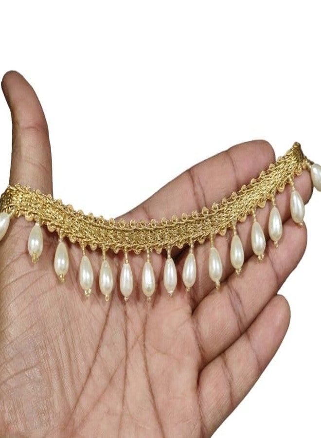 PREMDAS LACES Indian Gold And White Beaded Tassels Lace Trim For Dress Embellishments For Crafting, Sewing And Cloth Accessories 9Meter (Pack Of 1) - Image 1